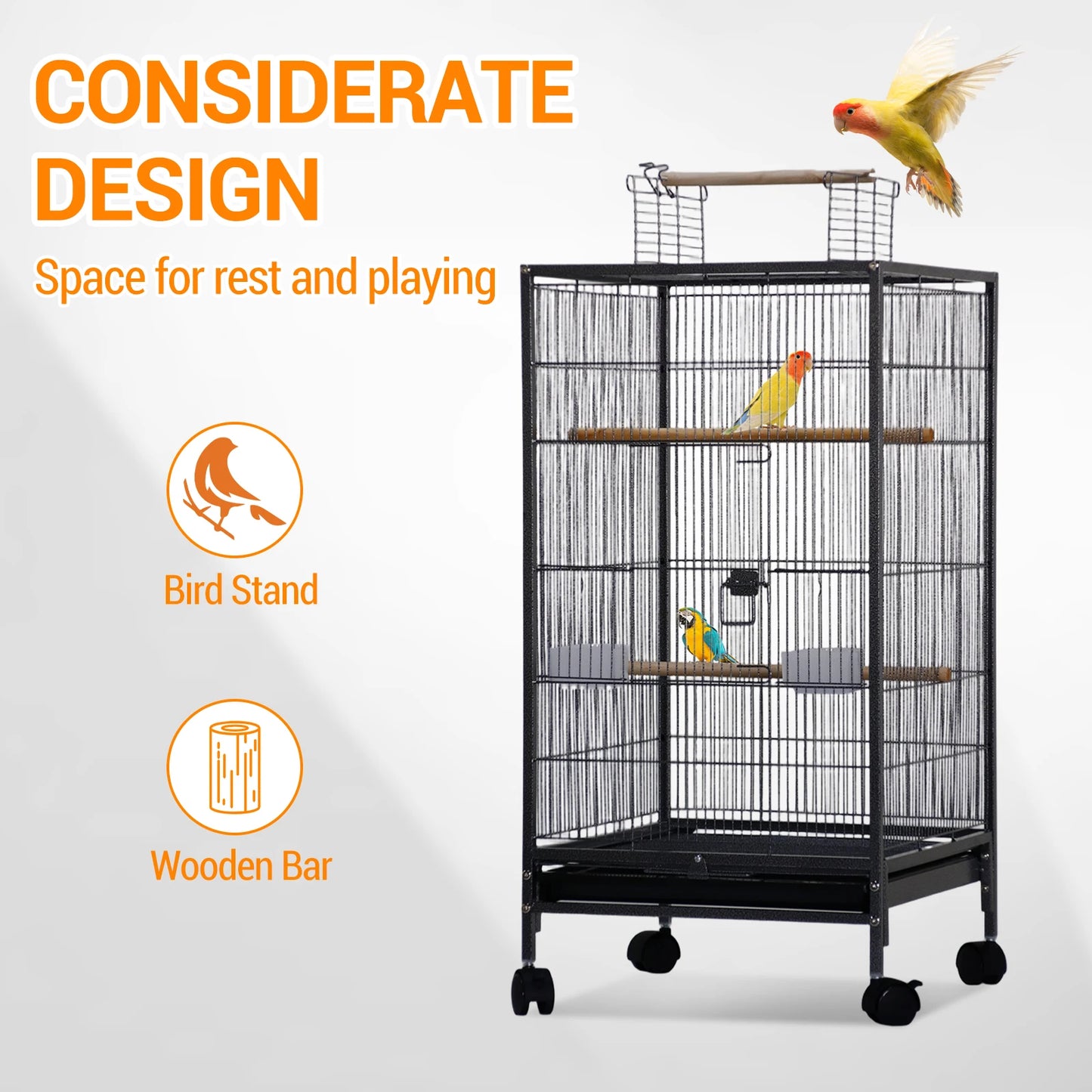 HiMiss Open Top Metal Bird Cage With Perches Wheels Tray