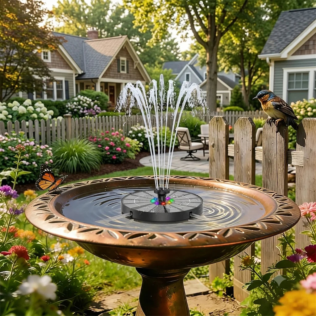 Solar Powered Fountain With 6 Nozzles Led Lights Garden Birds
