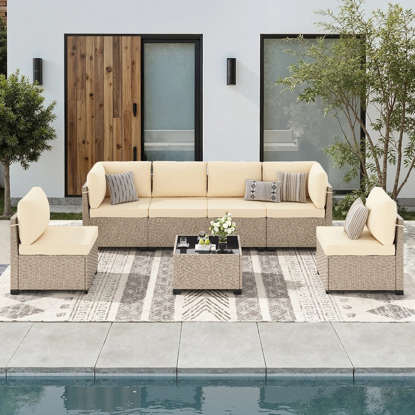 Soohow Outdoor Rattan Patio Sofa Set With Tempered Glass Table