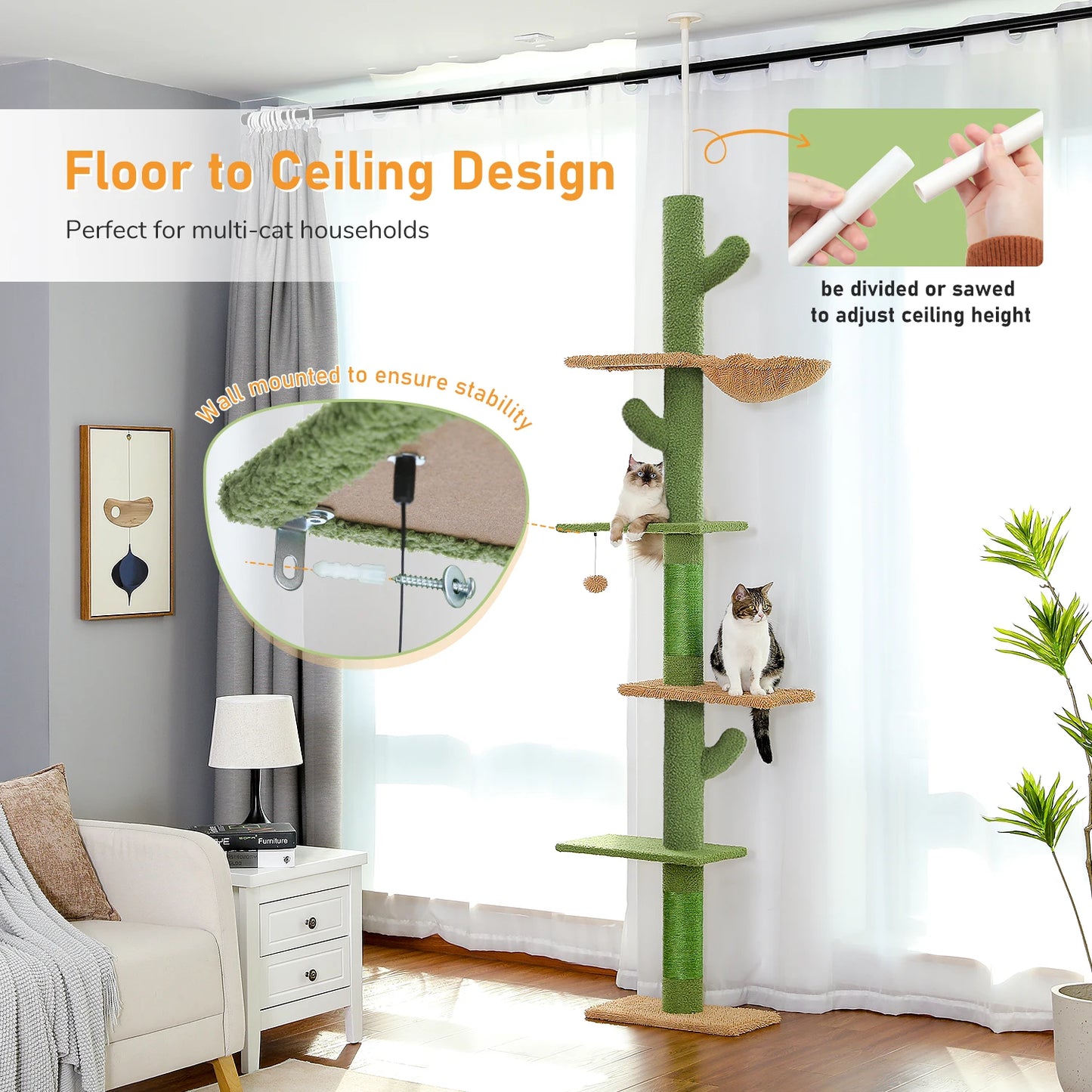 PEQULTI Adjustable Height Cat Tree Floor to Ceiling Tower