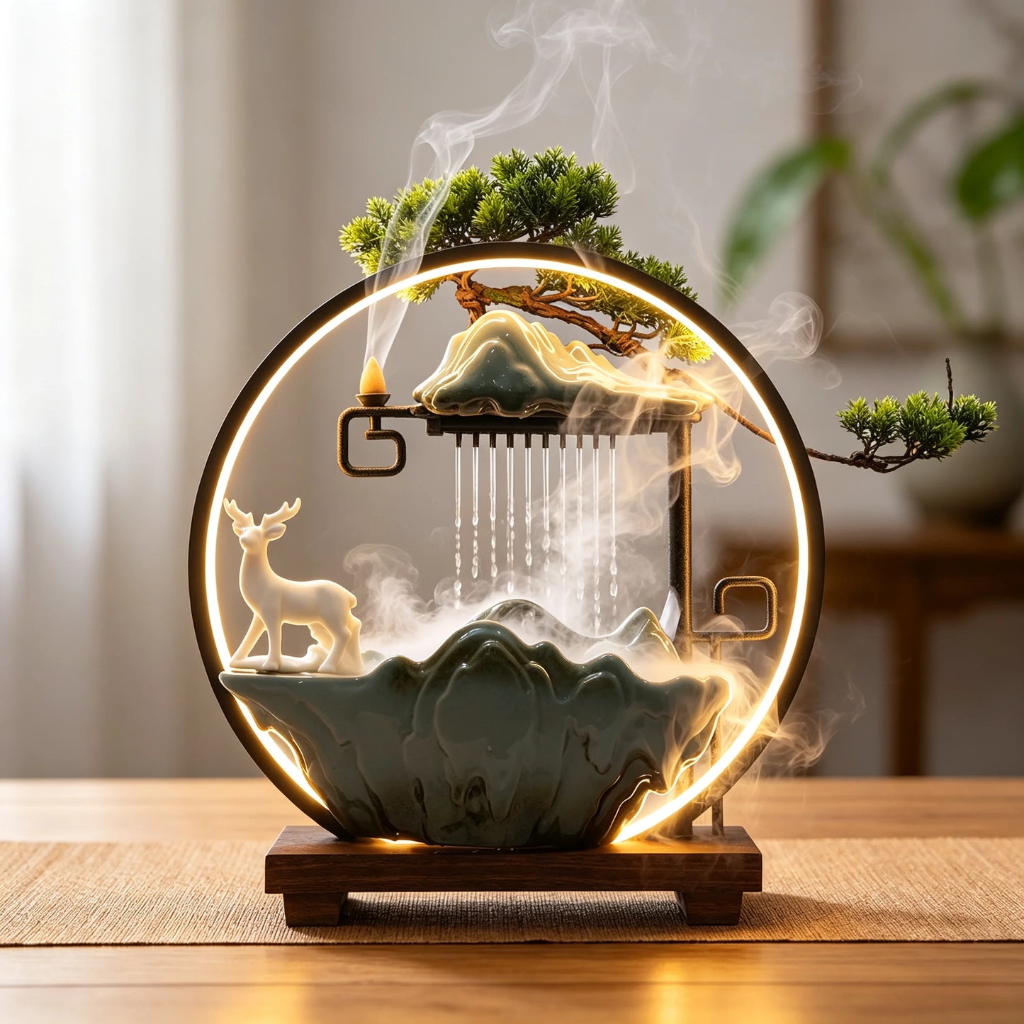Bymaocar Ceramic Tabletop Fountain LED Mist Effect Bonsai Decor