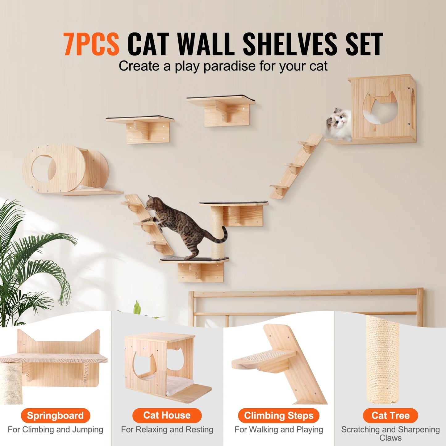 SucceBuy Wall Mounted Cat Shelves With Wooden Perches And Hammock