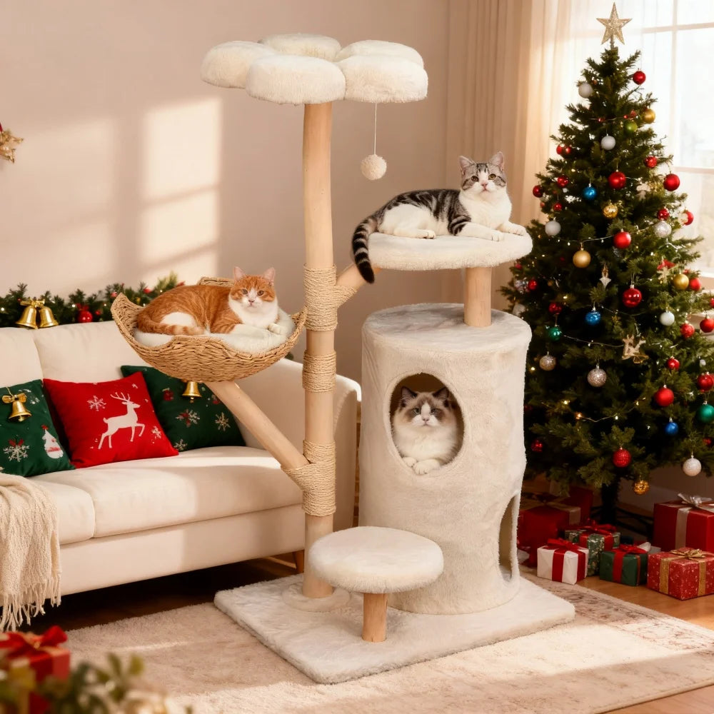 Borwart Solid Wooden Cat Tree Tower With Sisal Scratching Post