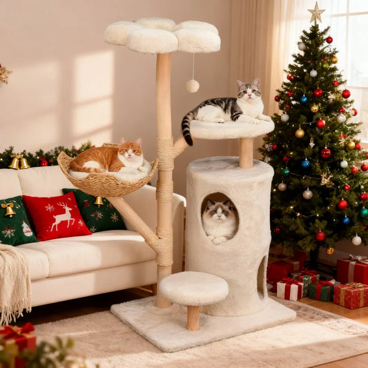 Borwart Solid Wooden Cat Tree Tower With Sisal Scratching Post