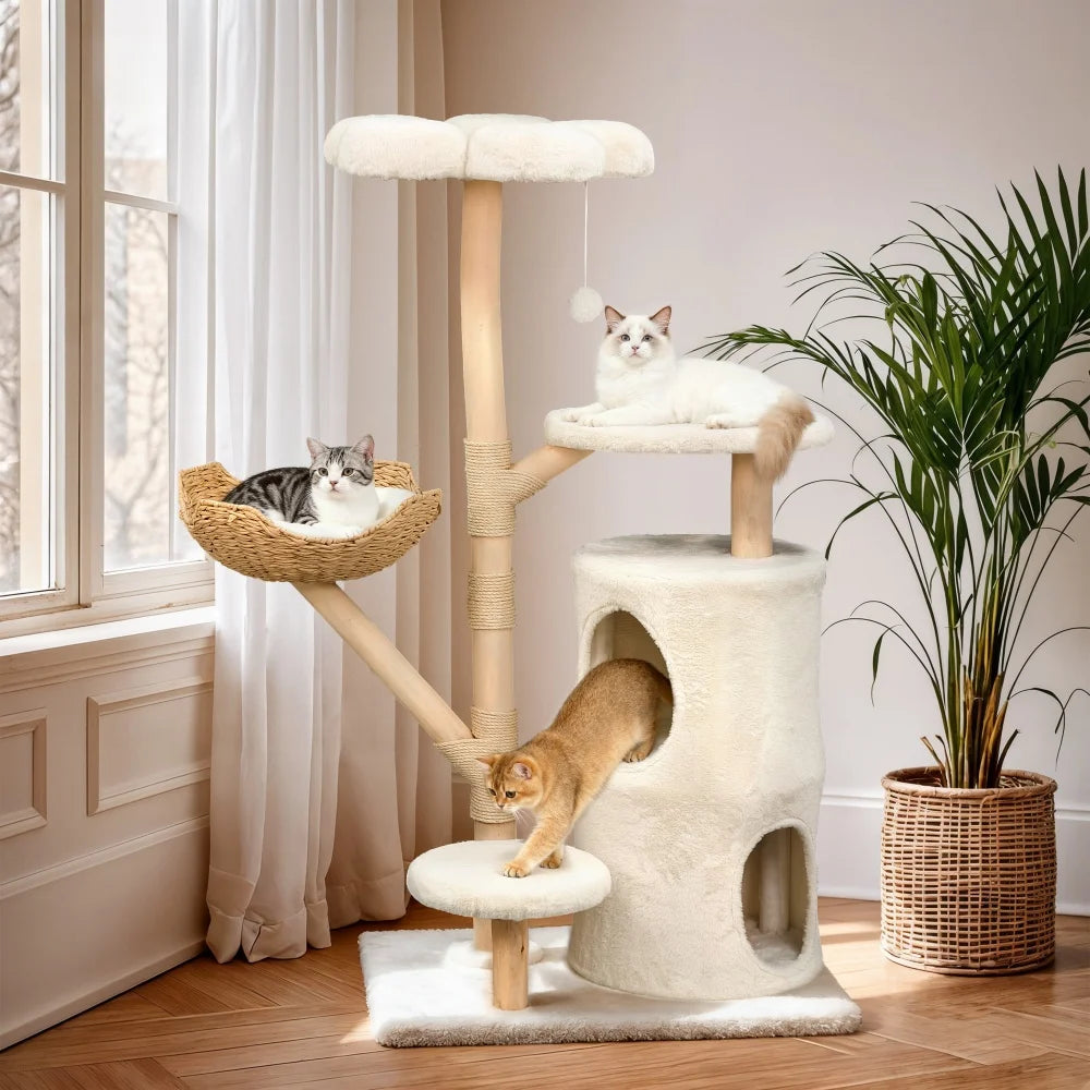 Borwart Solid Wooden Cat Tree Tower With Sisal Scratching Post