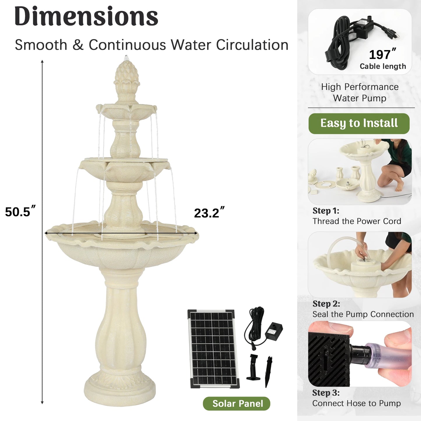 Three Tier Solar Powered Outdoor Water Fountain For Garden Decor