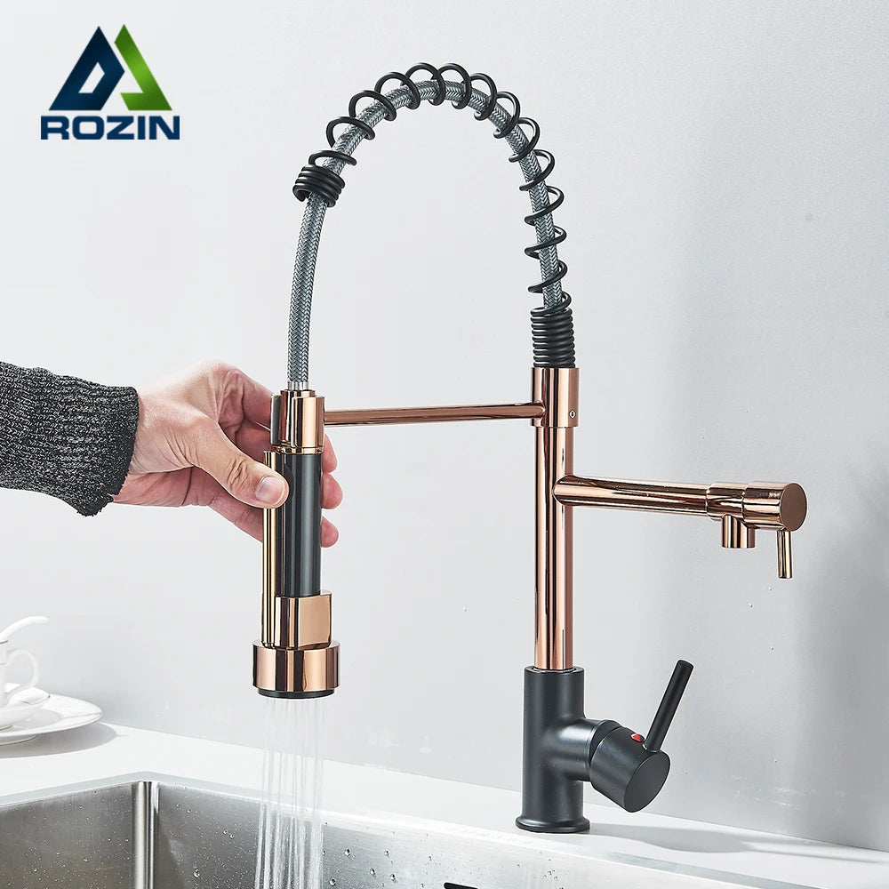 Rozin Black and Rose Golden Spring Pull Down Kitchen Sink Faucet  Hot & Cold Water Mixer Crane Tap with Dual Spout Deck Mounted