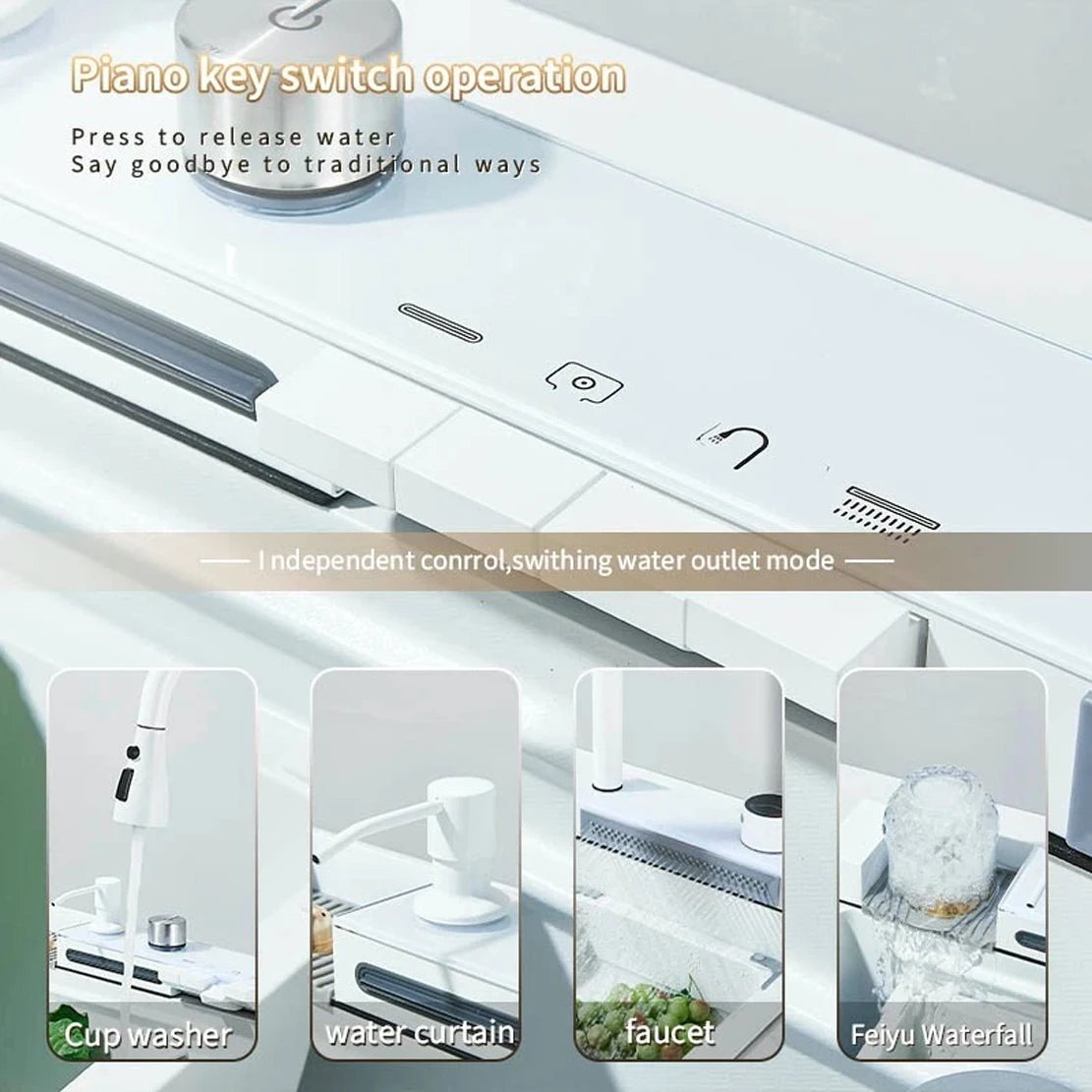 304 Stainless Steel Waterfall Kitchen Sink Large Single Slot Integrated Digital Display Faucet Set Soap Dispenser Cup Washer
