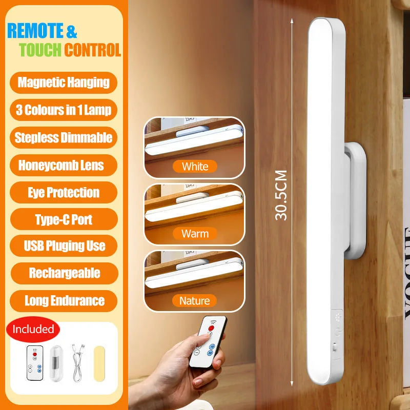 Remote LED Desk Lamp Magnetic Hanging Night Light USB Rechargeable Table Lamp 3 Colors Reading Light For Cabinet Closet Wardrobe