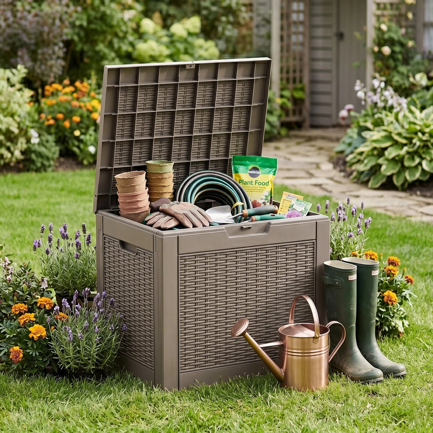 30 Gallon Gray Rattan Textured Resin Outdoor Deck Box Weatherproof Lockable Patio Storage Chest for Backyard Pool Garden Supplies